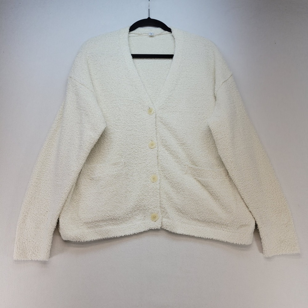 Uniqlo Cardigan‎ Womens XL Cream Popcorn Knit Fluffy Soft Button Front